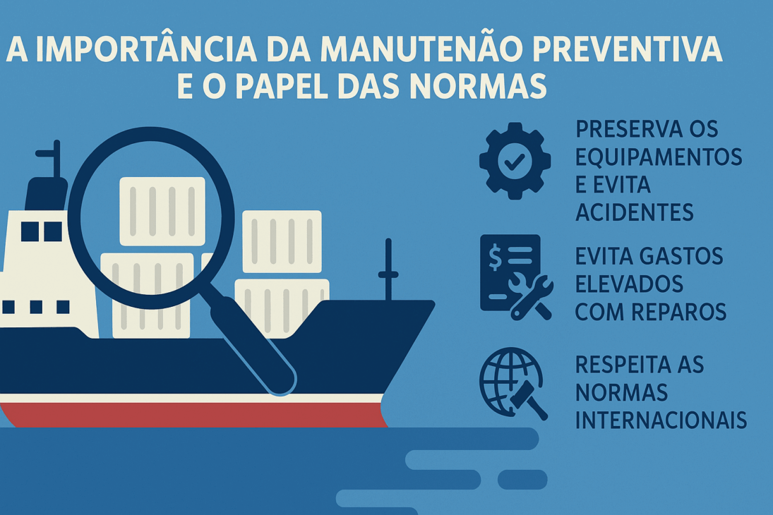 Infografía de un barco con contenedores y una lupa, acompañada de texto sobre la importancia del mantenimiento preventivo y el papel de las normas.