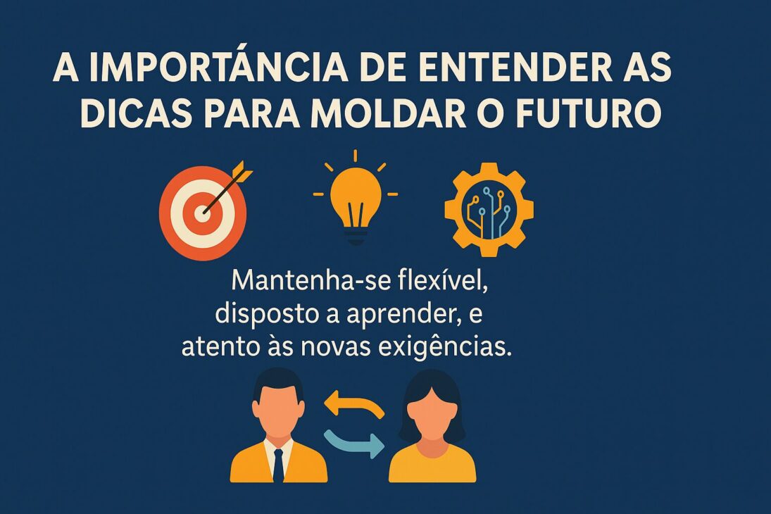 Infografía en estilo flat sobre la importancia de entender los consejos del mercado laboral para moldear el futuro profesional, con íconos centralizados representando tecnología, habilidades y evolución.