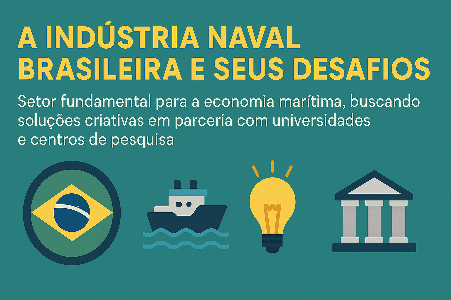 Infográfico sobre la industria naval brasileña, con fondo verde, bandera de Brasil, íconos de barco, bombilla y edificio institucional, destacando asociaciones con universidades y centros de investigación.