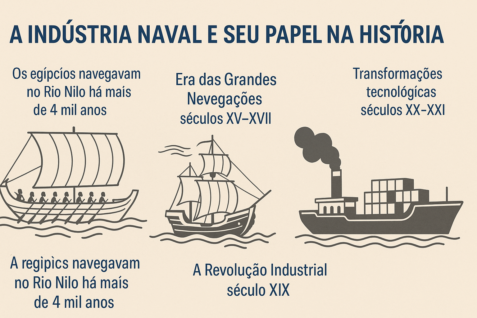 Infográfico ilustrando a evolução da indústria naval através da história, com imagens de navios egípcios antigos, embarcações das Grandes Navegações, navios a vapor da Revolução Industrial e cargueiros modernos.