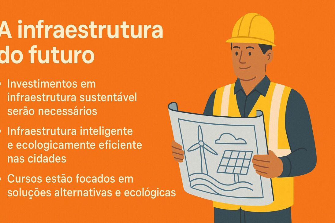 Infográfico con fondo naranja presentando un trabajador sosteniendo un plano con íconos de energía renovable, al lado de tres tópicos sobre infraestructura sostenible, inteligente y ecológica.