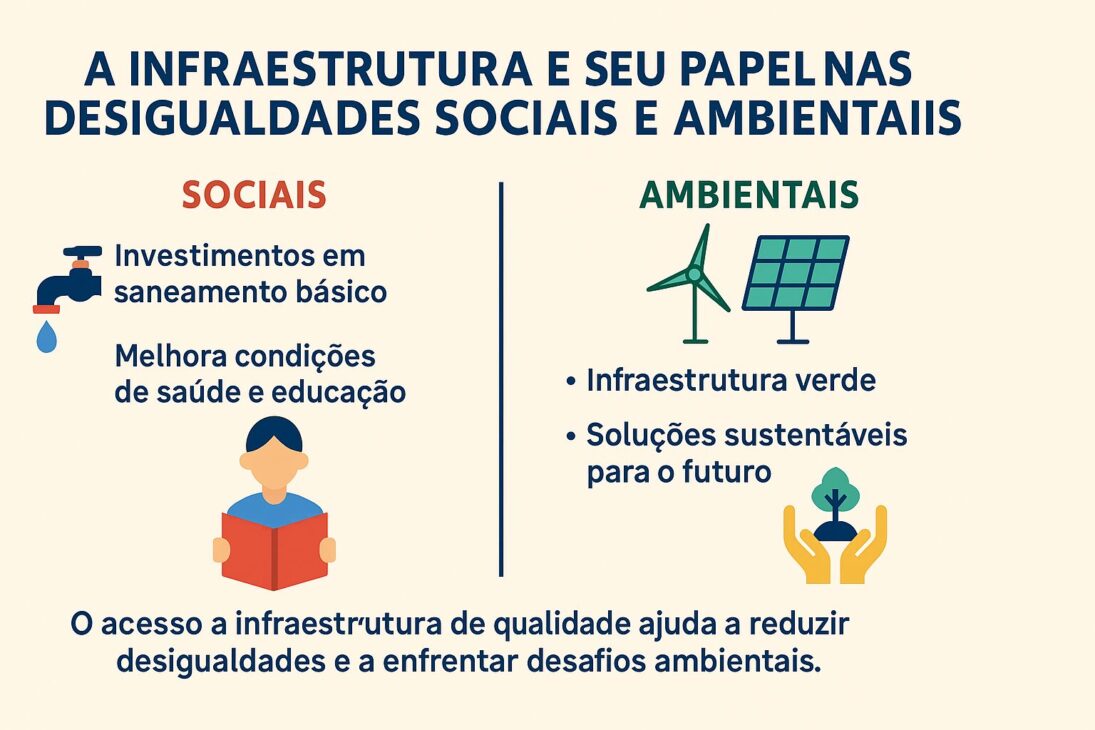 Infográfico dividido en dos columnas mostrando el papel de la infraestructura en la reducción de las desigualdades sociales y ambientales, con íconos de grifo, estudiante, turbina y panel solar.