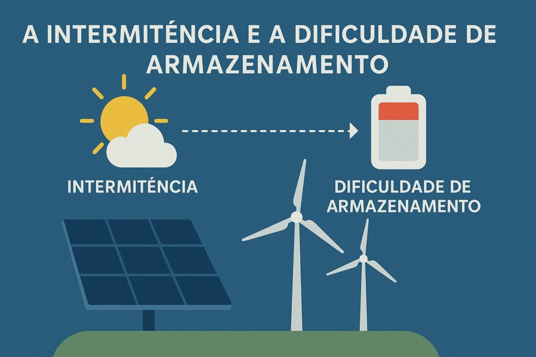 Infografía ilustrando la intermitencia de la energía solar y eólica y la dificultad de almacenamiento.
