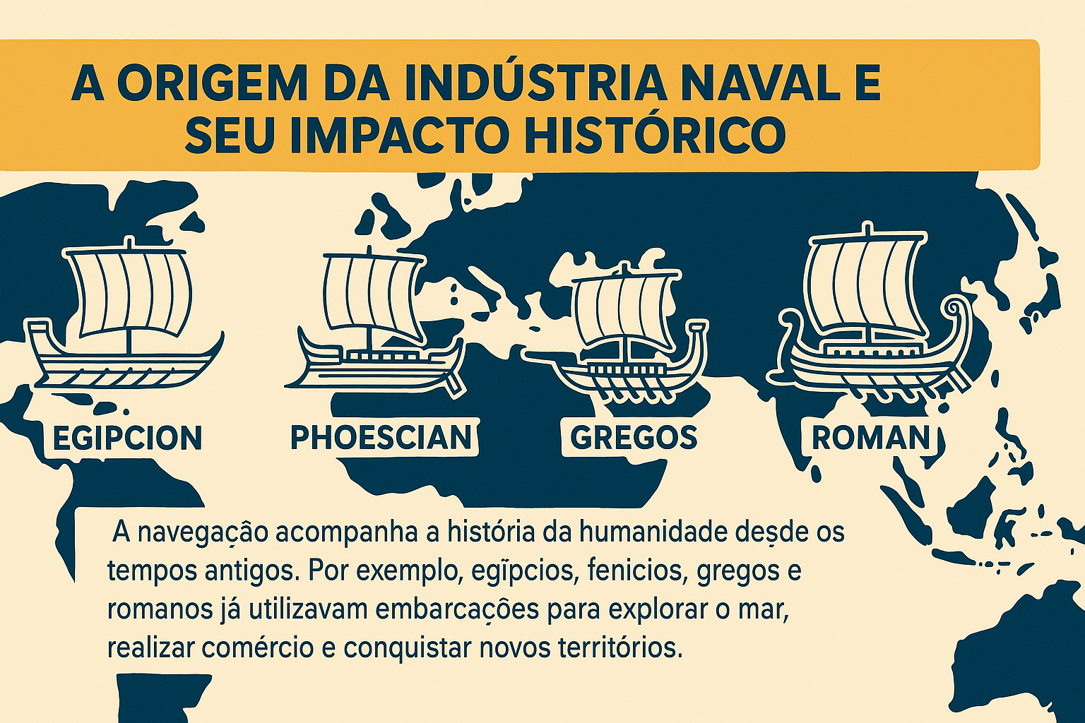 Infografía ilustrando el origen de la industria naval con dibujos de embarcaciones egipcia, fenicia, griega y romana sobre un mapa-mundi estilizado.