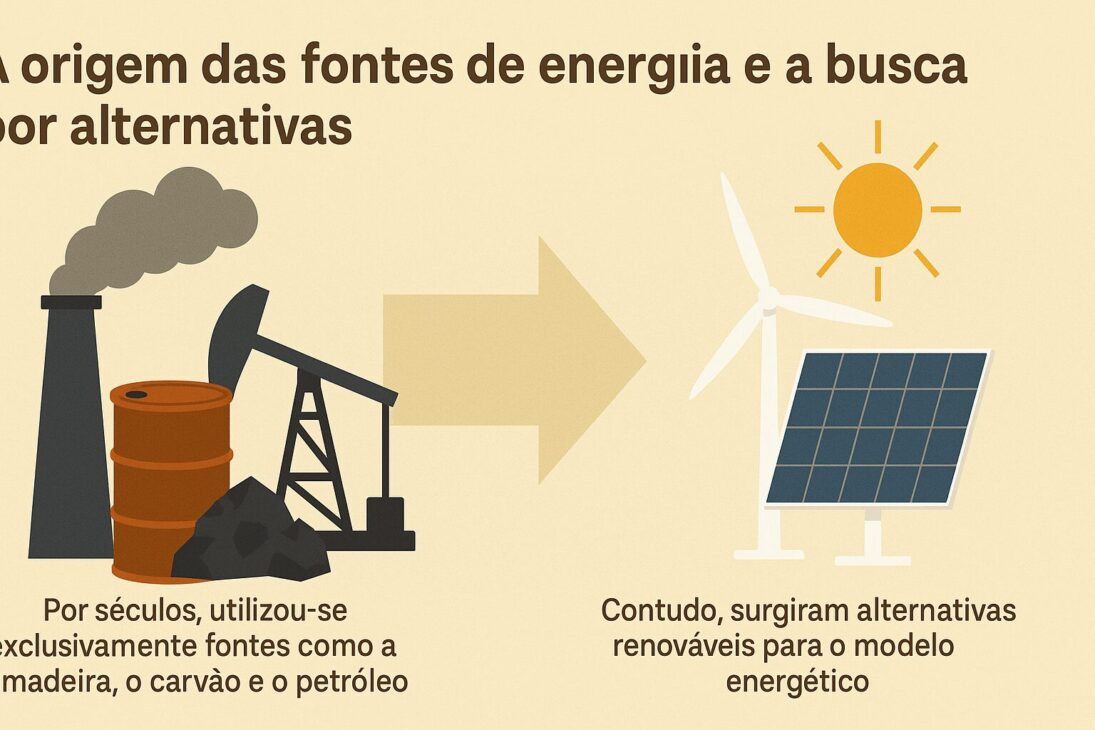 Ilustración comparativa entre fuentes de energía fósiles, como carbón y petróleo, y fuentes renovables, como solar y eólica, con una flecha indicando la transición entre ellas.
