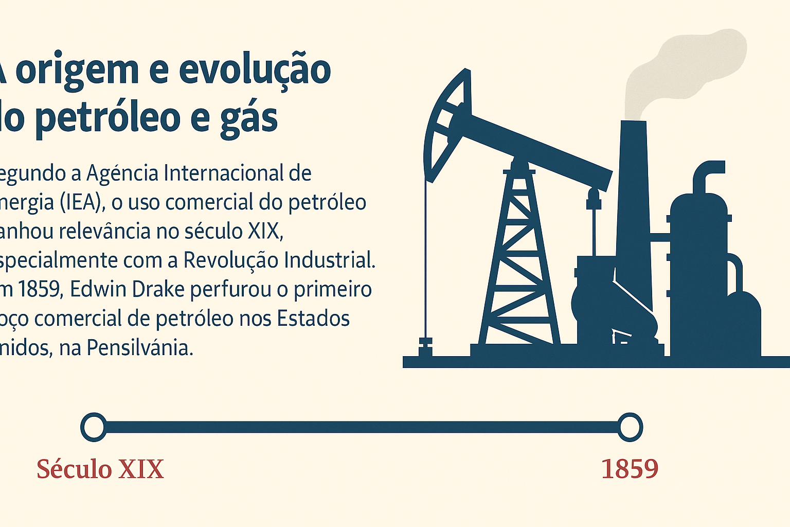 Infografía ilustrando el origen y evolución del petróleo y gas, con énfasis en la Revolución Industrial y el primer pozo perforado por Edwin Drake en 1859.