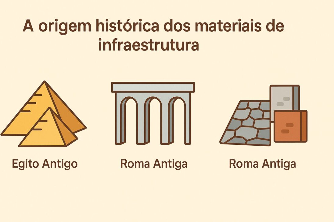 Infografía ilustrada sobre el origen histórico de los materiales de infraestructura, con representaciones visuales de construcciones egipcias, romanas y de la Revolución Industrial.