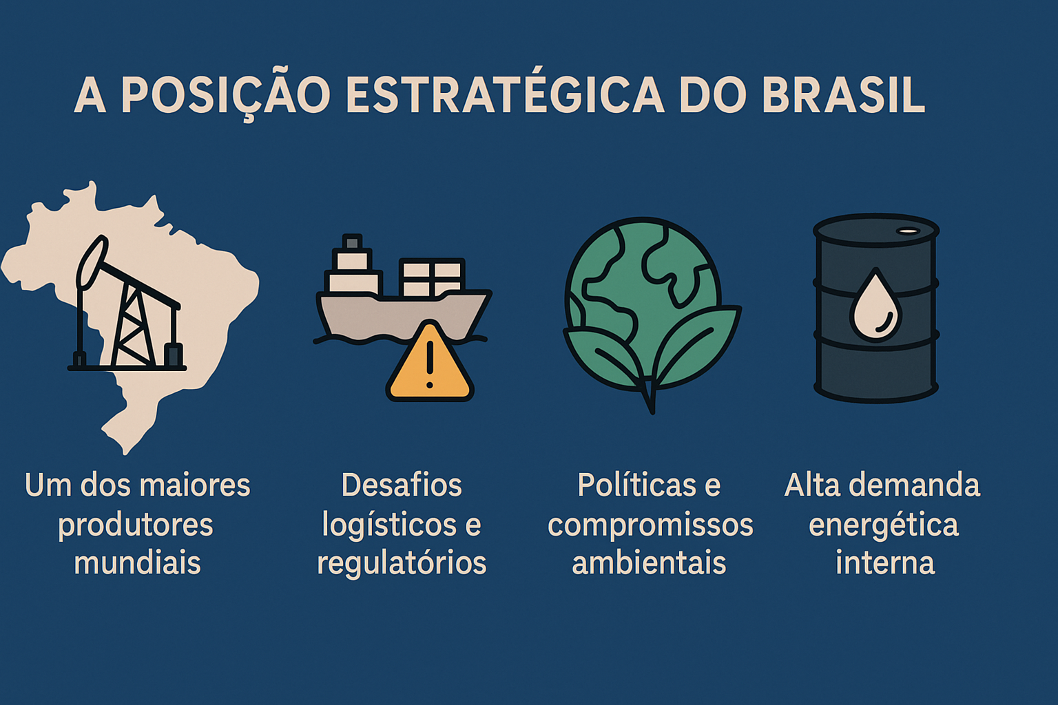 Infográfico ilustrando la posición estratégica de Brasil en el sector de petróleo y gas, con cuatro íconos representando: producción mundial, desafíos logísticos, políticas ambientales y demanda interna.