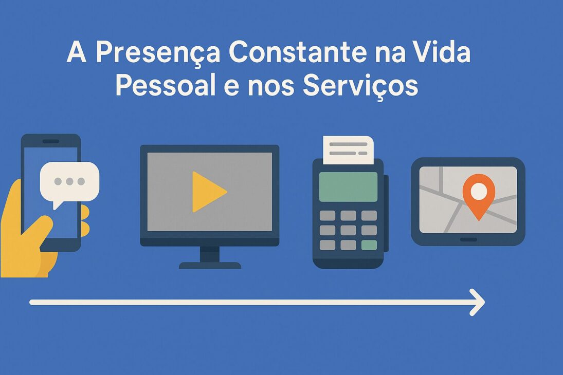 Infografía colorida con íconos de smartphone, televisión, terminal de pago y GPS, representando el uso diario de la tecnología en la vida personal y en servicios.