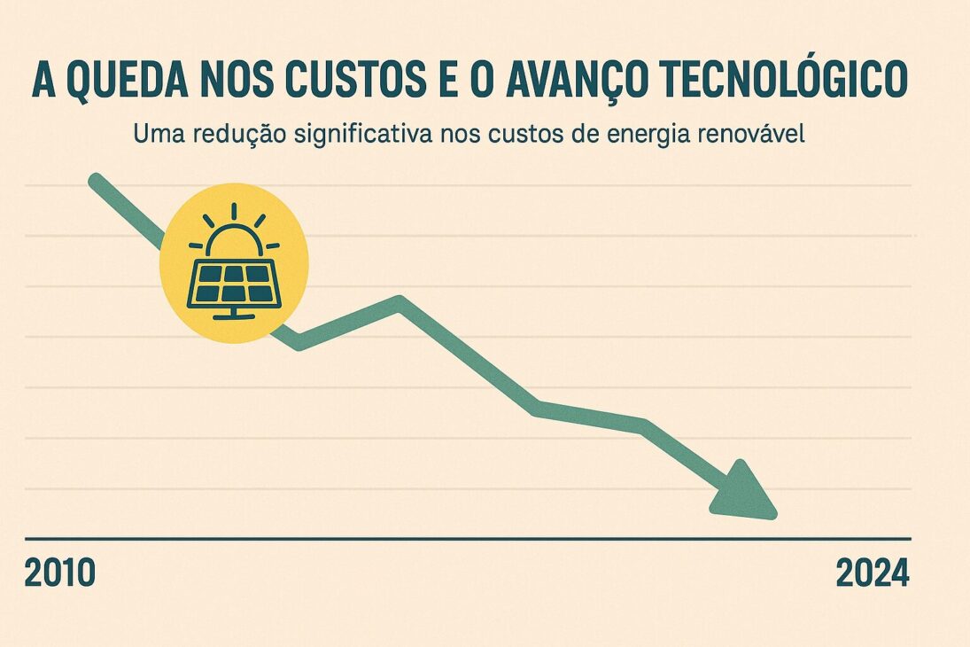 Infográfico en formato horizontal mostrando una línea descendente de 2010 a 2024, representando la caída en los costos de energía renovable, con íconos de energía solar.