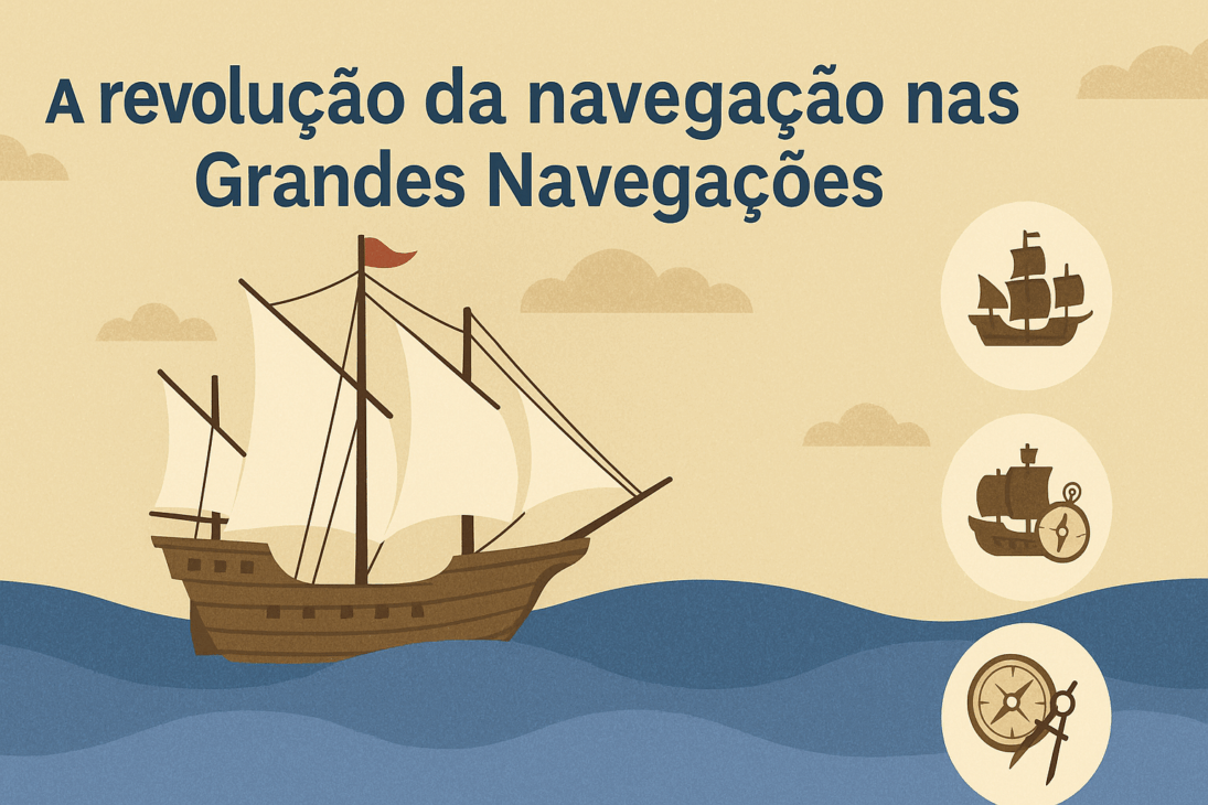 Infografía con ilustración de un barco de la era de las Grandes Navegaciones navegando en el mar, acompañado de íconos de una carabela, un galeón e instrumentos de navegación.