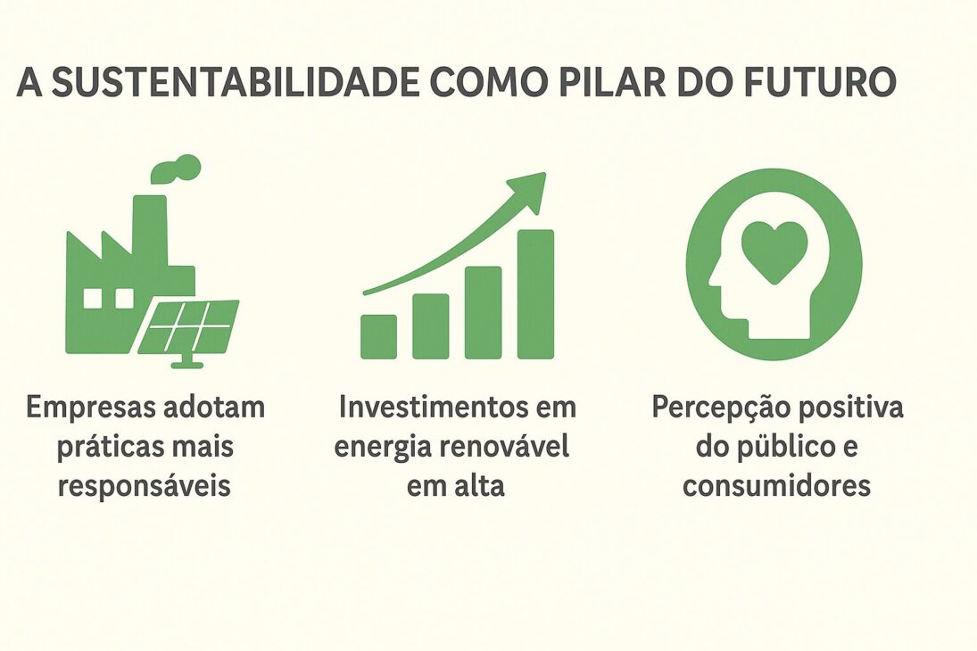 Infografía con íconos y datos sobre prácticas empresariales sostenibles, inversiones en energía renovable y la percepción positiva del consumidor.