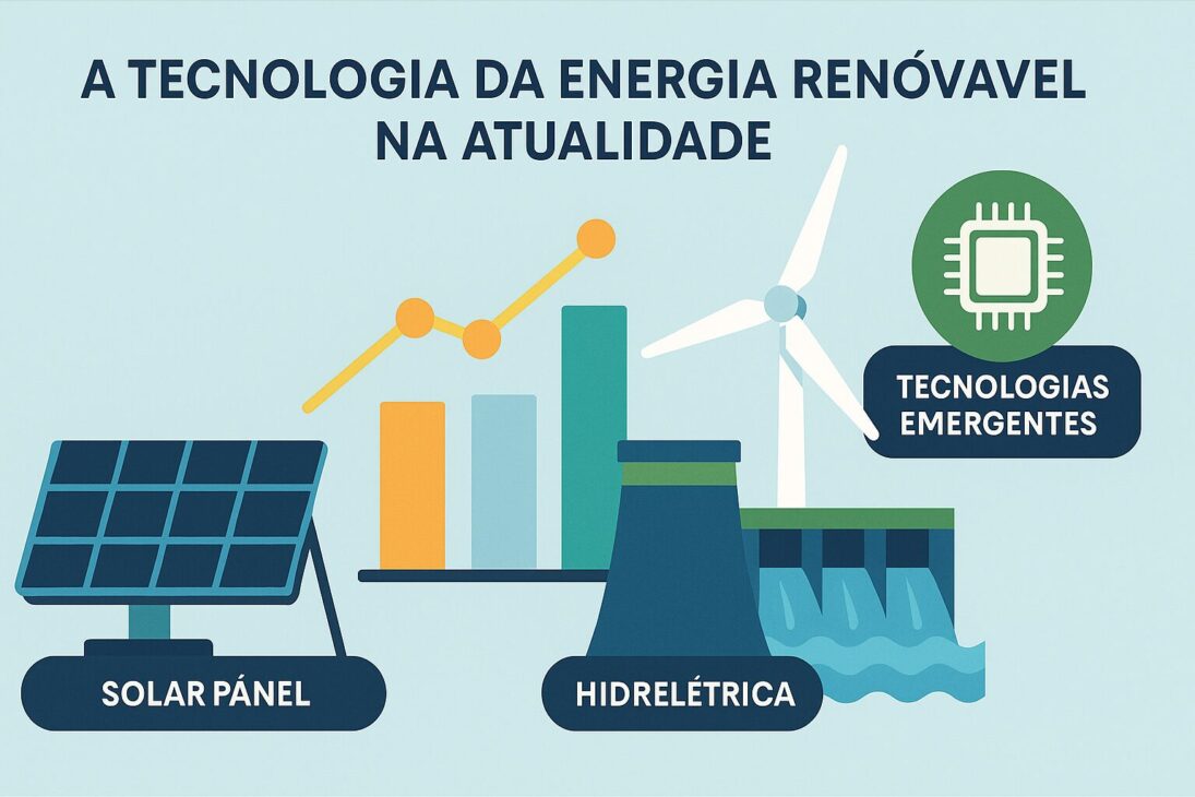 Infográfico mostrando tecnologías actuales de energía renovable con íconos de panel solar, turbina eólica, hidrelétrica y chip representando innovaciones emergentes.
