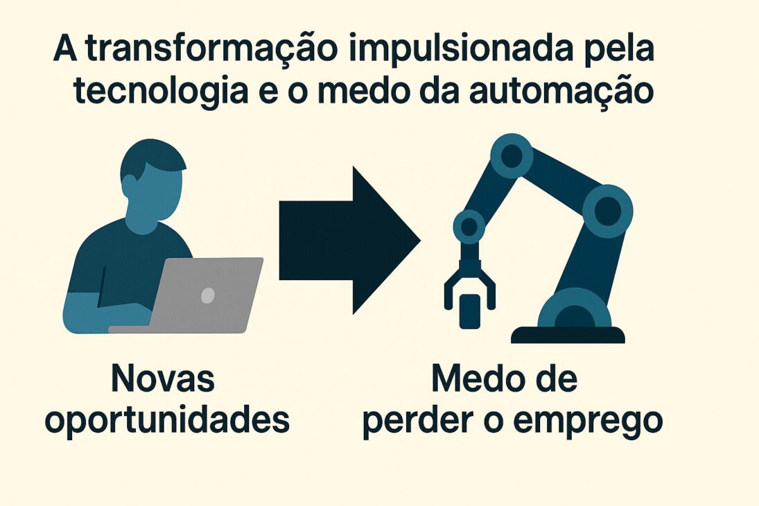 Infográfico digital ilustrando la transformación del mercado laboral impulsada por la tecnología y el miedo a la automatización, con íconos de robots, trabajadores y gráficos de cambio ocupacional.