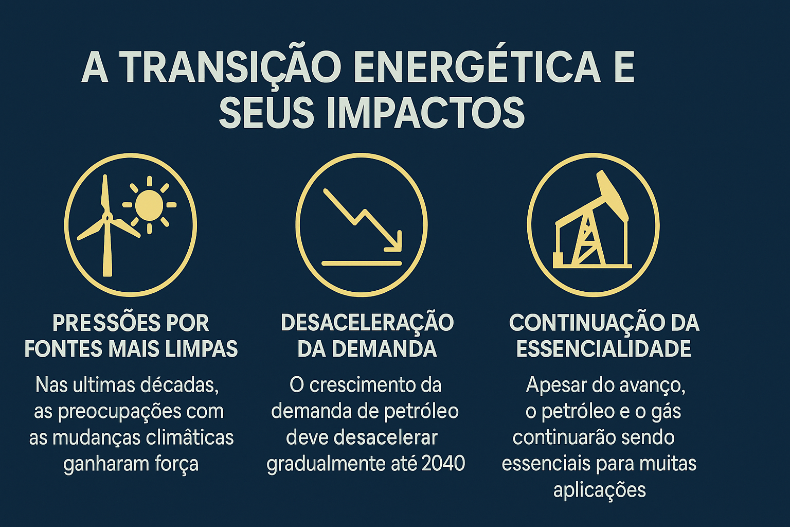 Infografía Ilustrando Los Impactos De La Transición Energética, Con Tres Iconos Que Representan Fuentes Limpias, Desaceleración De La Demanda Y La Continuidad De La Esencialidad Del Petróleo Y Gas.