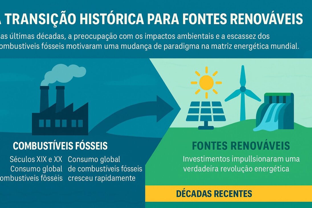 Infográfico ilustrando la transición histórica de la matriz energética, con destaque para el cambio de combustibles fósiles a fuentes renovables como solar, eólica e hidroeléctrica.