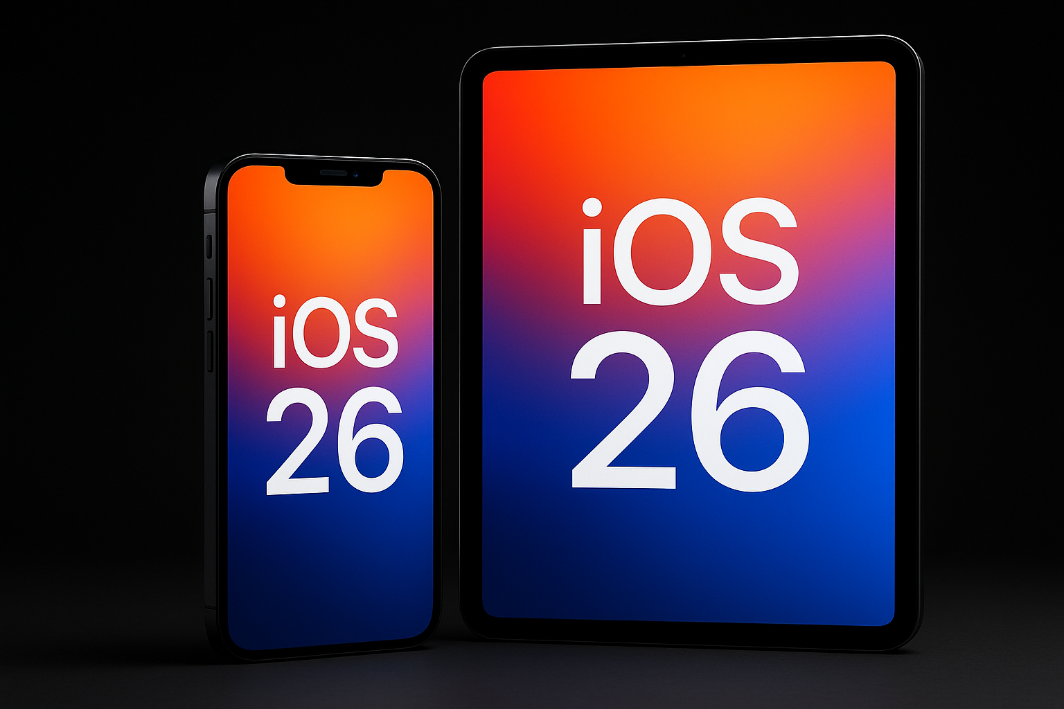 iPhone e tablet com interface do iOS 26 exibida em telas vibrantes