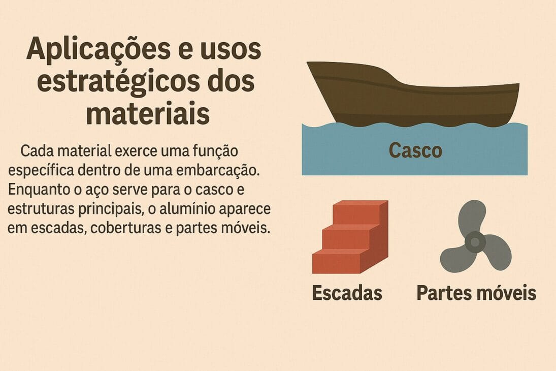 Infografía sobre las aplicaciones y usos estratégicos de los materiales en la industria naval, con ilustraciones de un casco, escaleras y hélice, acompañado de texto explicativo.
