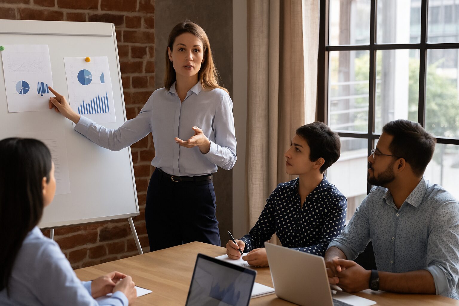 Profissional apresenta projeto em reunião de equipe no ambiente corporativo moderno.