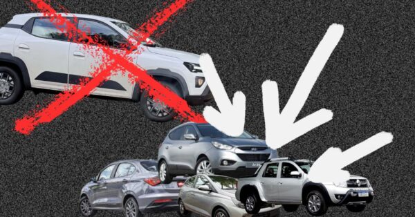 Montagem de carros seminovos — Hyundai ix35 SUV, Renault Duster Oroch picape, Toyota Yaris sedã e Citroën C4 Cactus — destacados por setas brancas, com um Renault Kwid riscado em vermelho ao lado, representando escolhas mais vantajosas pelo mesmo valor.