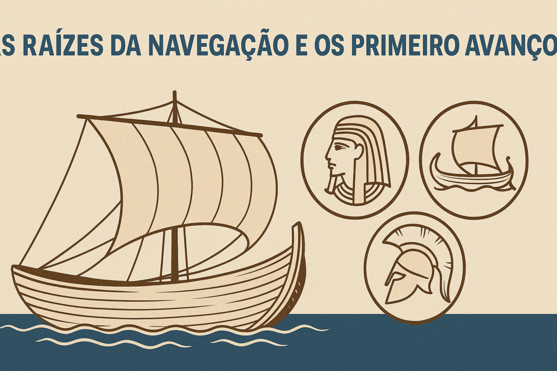Infografía ilustrada sobre las raíces de la navegación, con dibujo de un barco antiguo con velas e íconos representando civilizaciones egipcia, fenicia y griega.