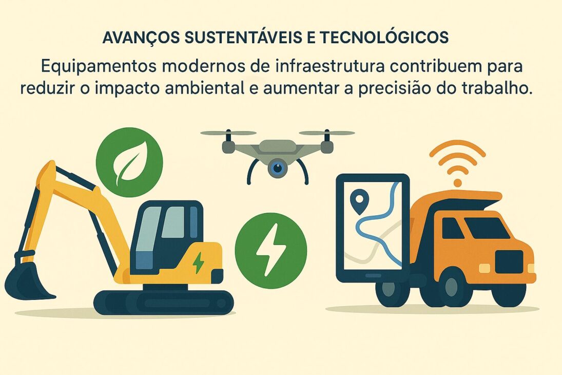 Infográfico ilustrativo sobre avances sostenibles y tecnológicos en el sector de infraestructura, con íconos representando energía limpia, máquinas eléctricas, telemetría, drones y economía circular.