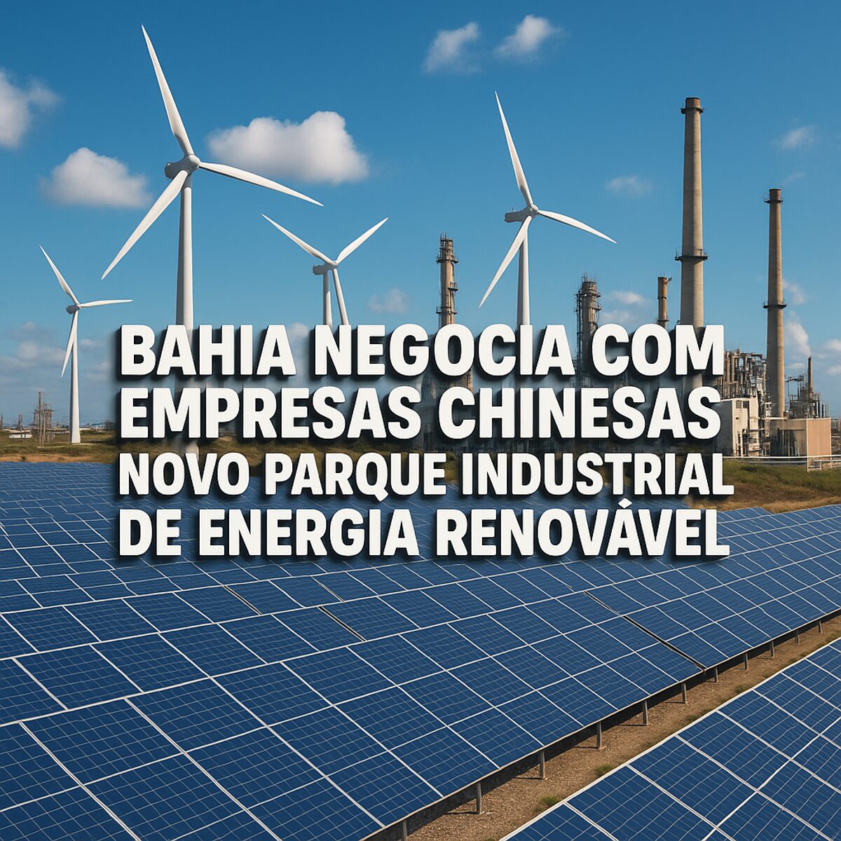 Parque industrial de energia renovável com turbinas eólicas, painéis solares e indústria ao fundo na Bahia