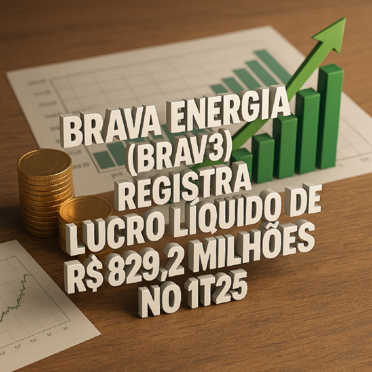 Gráfico digital 3D com destaque para lucro de R$ 829,2 milhões da Brava Energia no 1T25