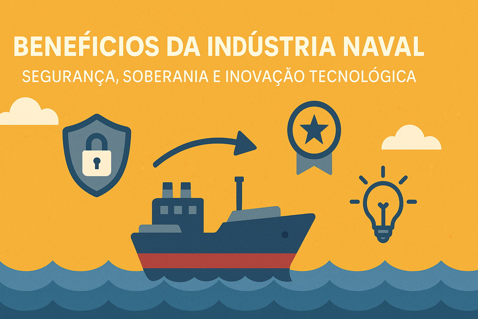 Infográfico ilustrado con barco, escudo con candado, medalla con estrella y bombilla, representando seguridad, soberanía e innovación tecnológica en la industria naval.