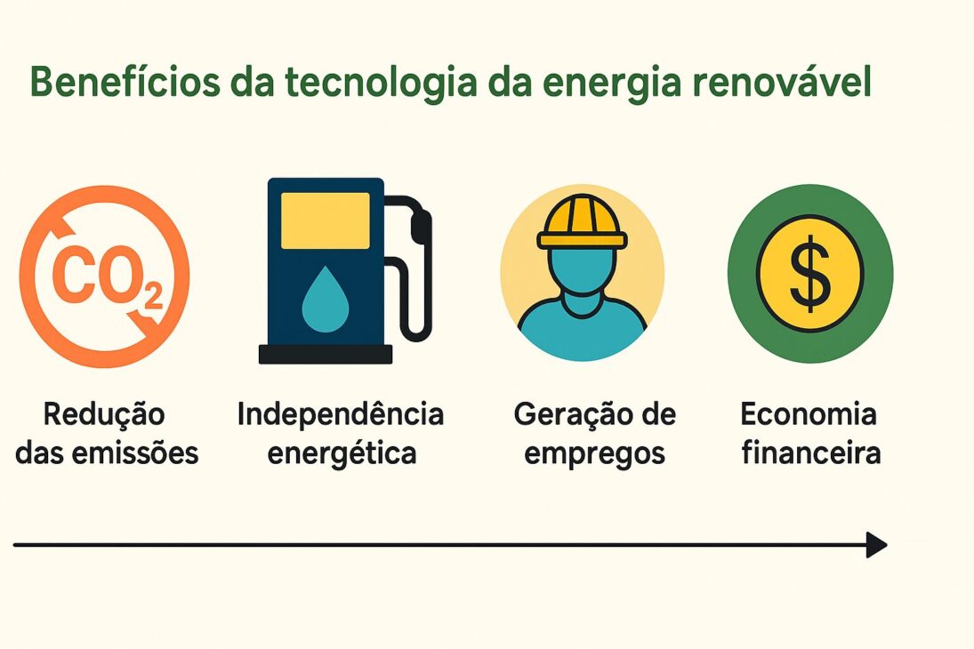 Infográfico con cuatro beneficios de la tecnología de la energía renovable: reducción de emisiones, independencia energética, generación de empleo y economía financiera, ilustrados con íconos coloridos.