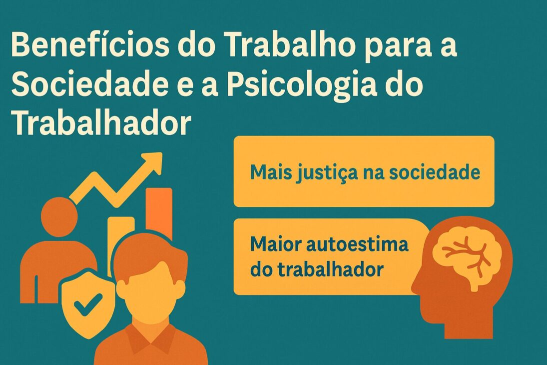 Infografía sobre los beneficios del trabajo para la sociedad y la psicología del trabajador, con íconos de personas, gráfico de crecimiento y cerebro.
