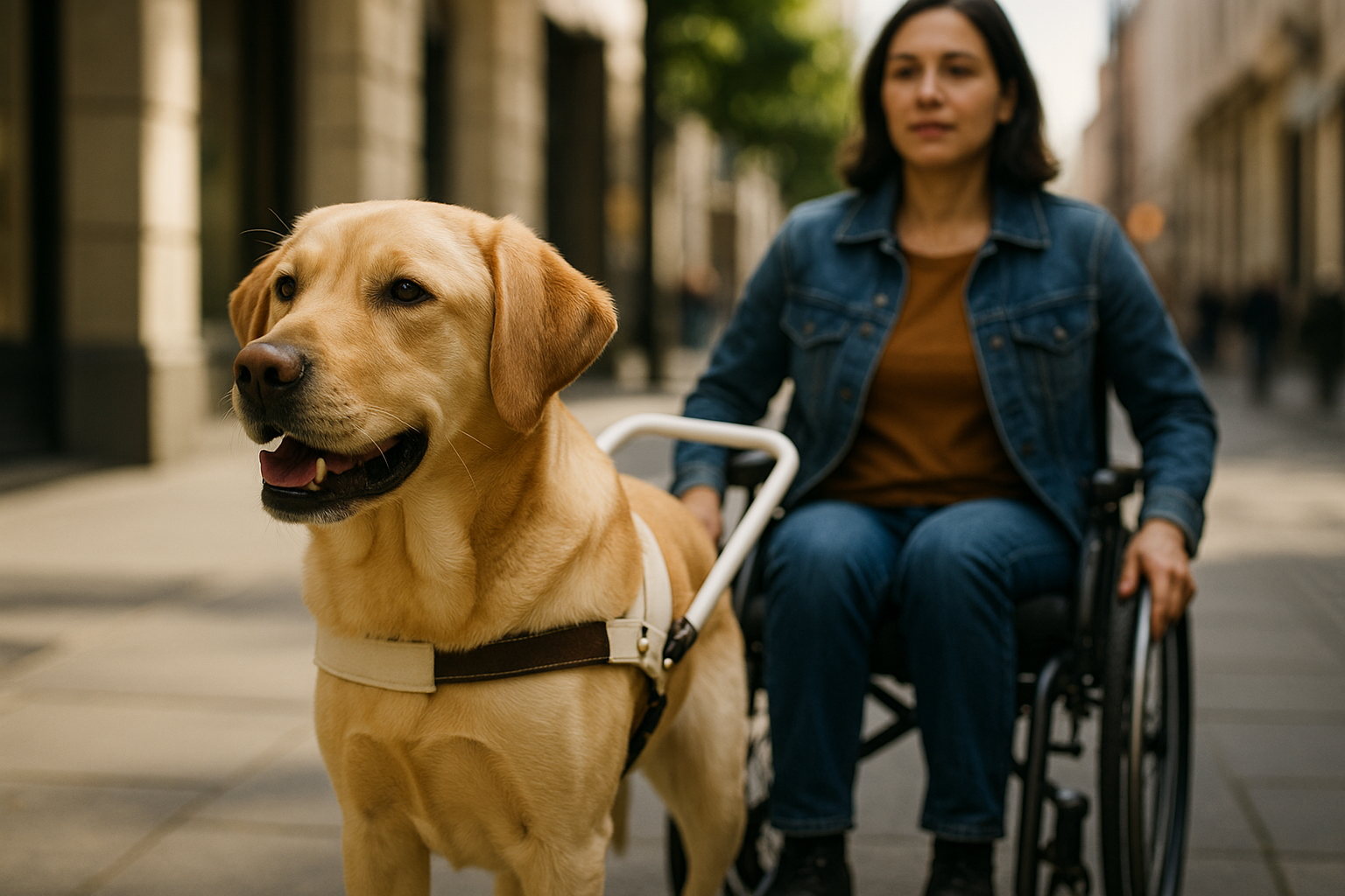 Cão de assistência conduzindo mulher cadeirante em calçada urbana