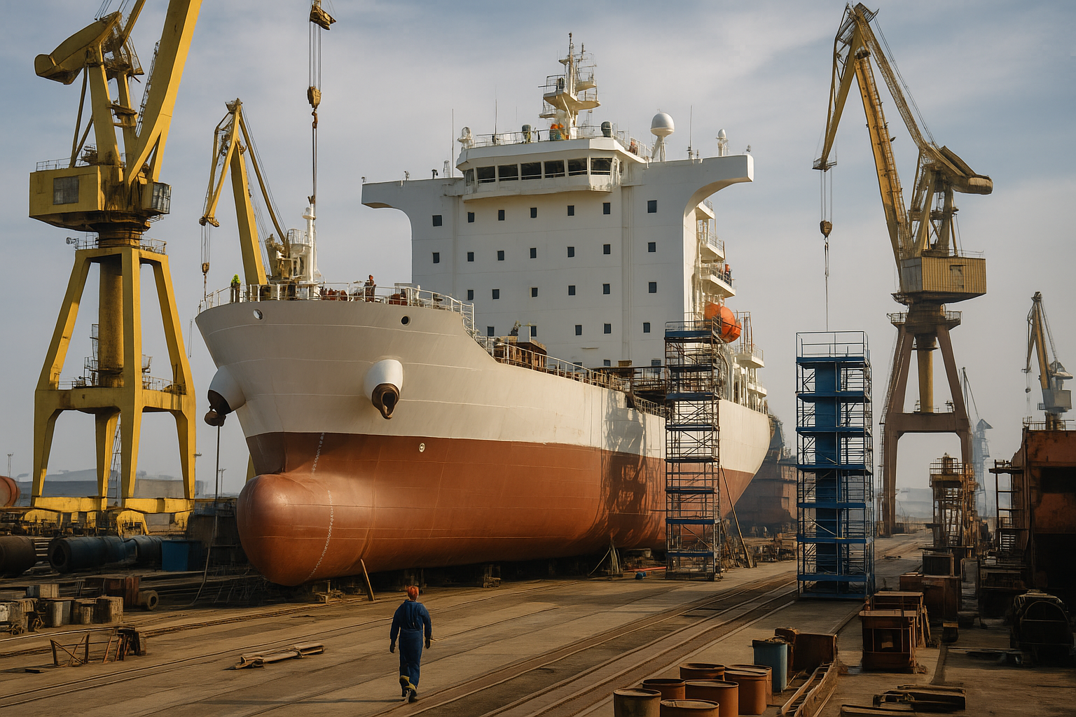 Navio em construção em estaleiro com guindastes e trabalhadores ao redor.