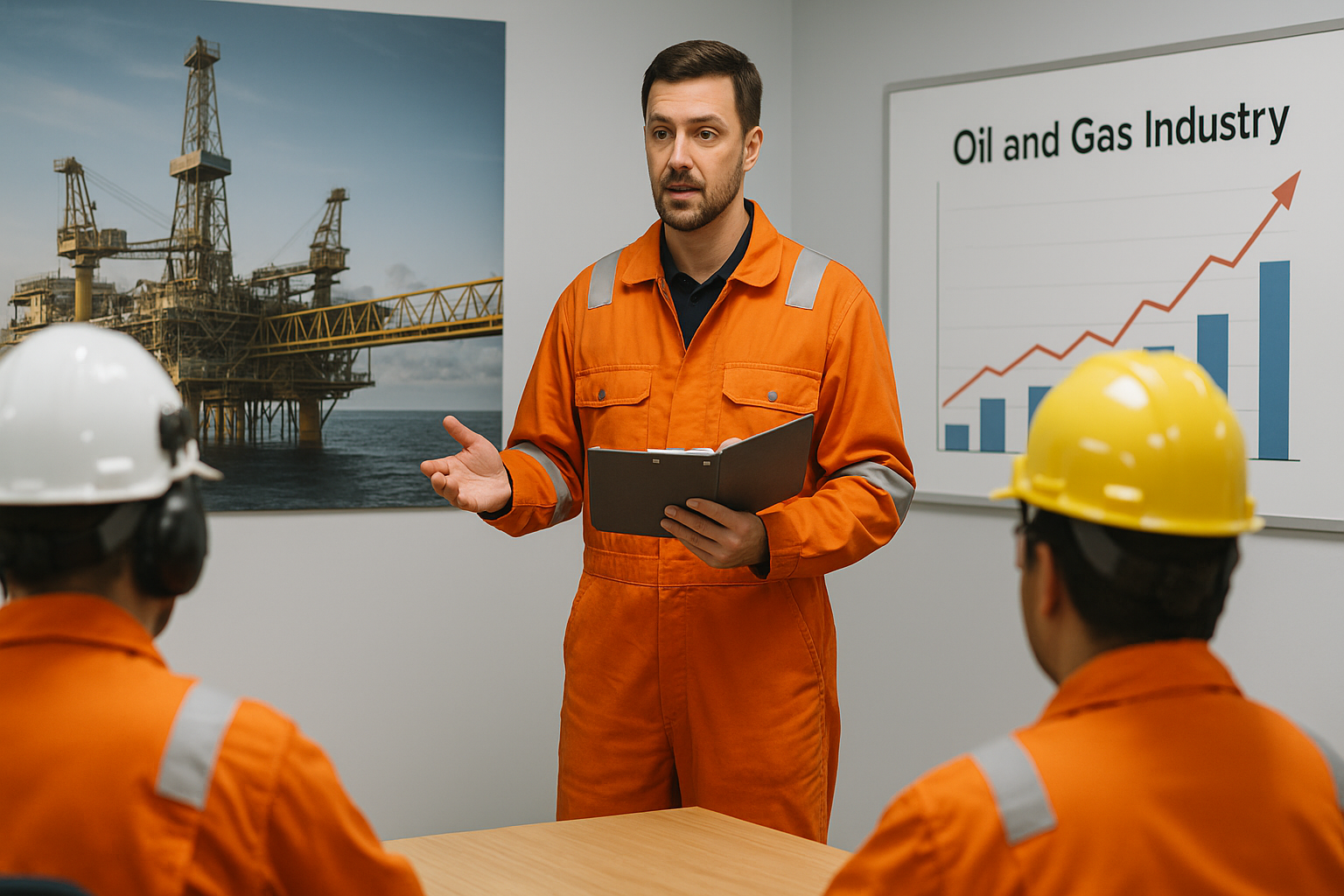 Instrutor capacita profissionais da indústria de petróleo e gás em sala de aula, com plataforma offshore ao fundo.
