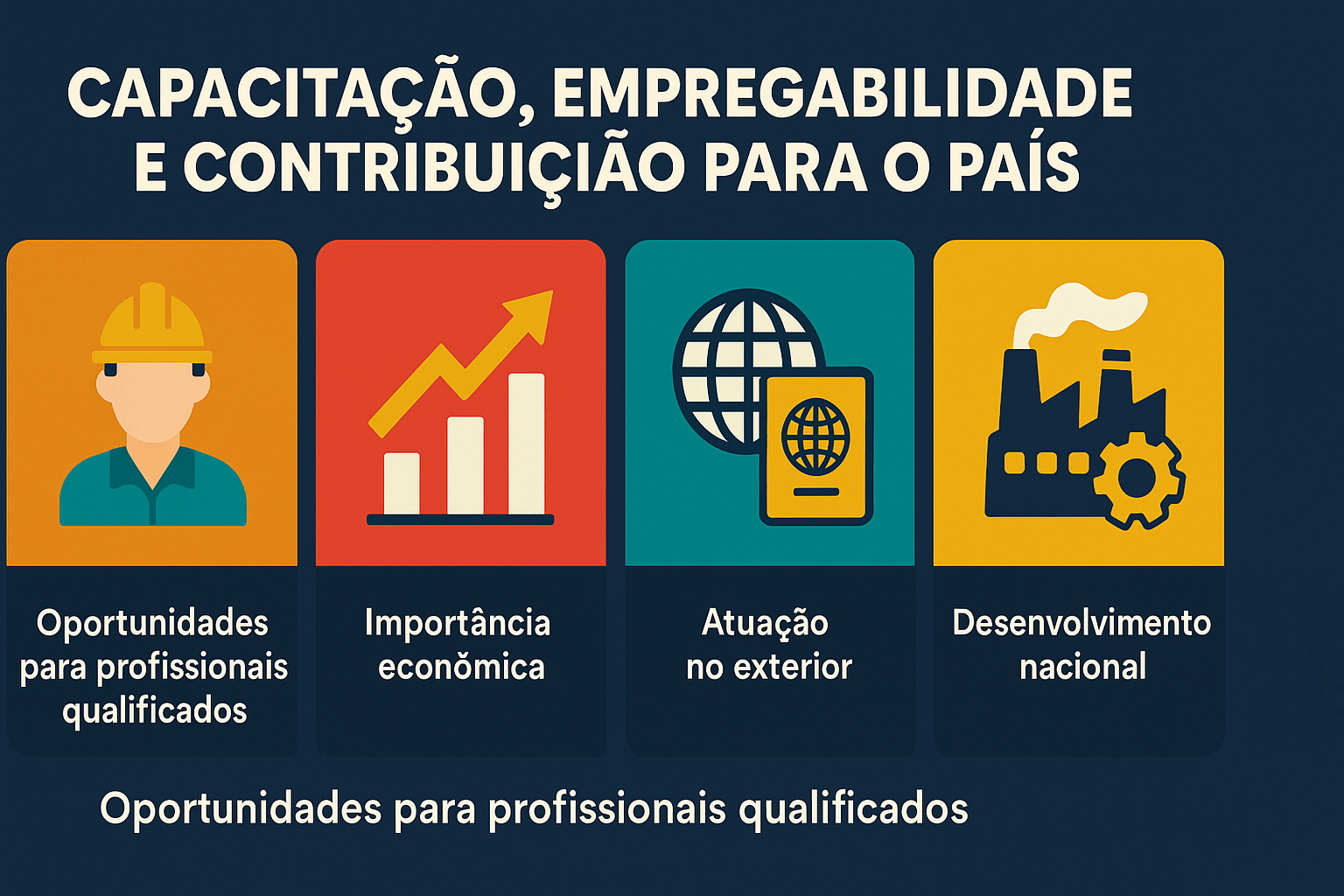 Infográfico ilustrando los impactos de la capacitación en la empleabilidad y contribución para el país, con íconos sobre oportunidades profesionales, importancia económica, actuación internacional y desarrollo nacional.