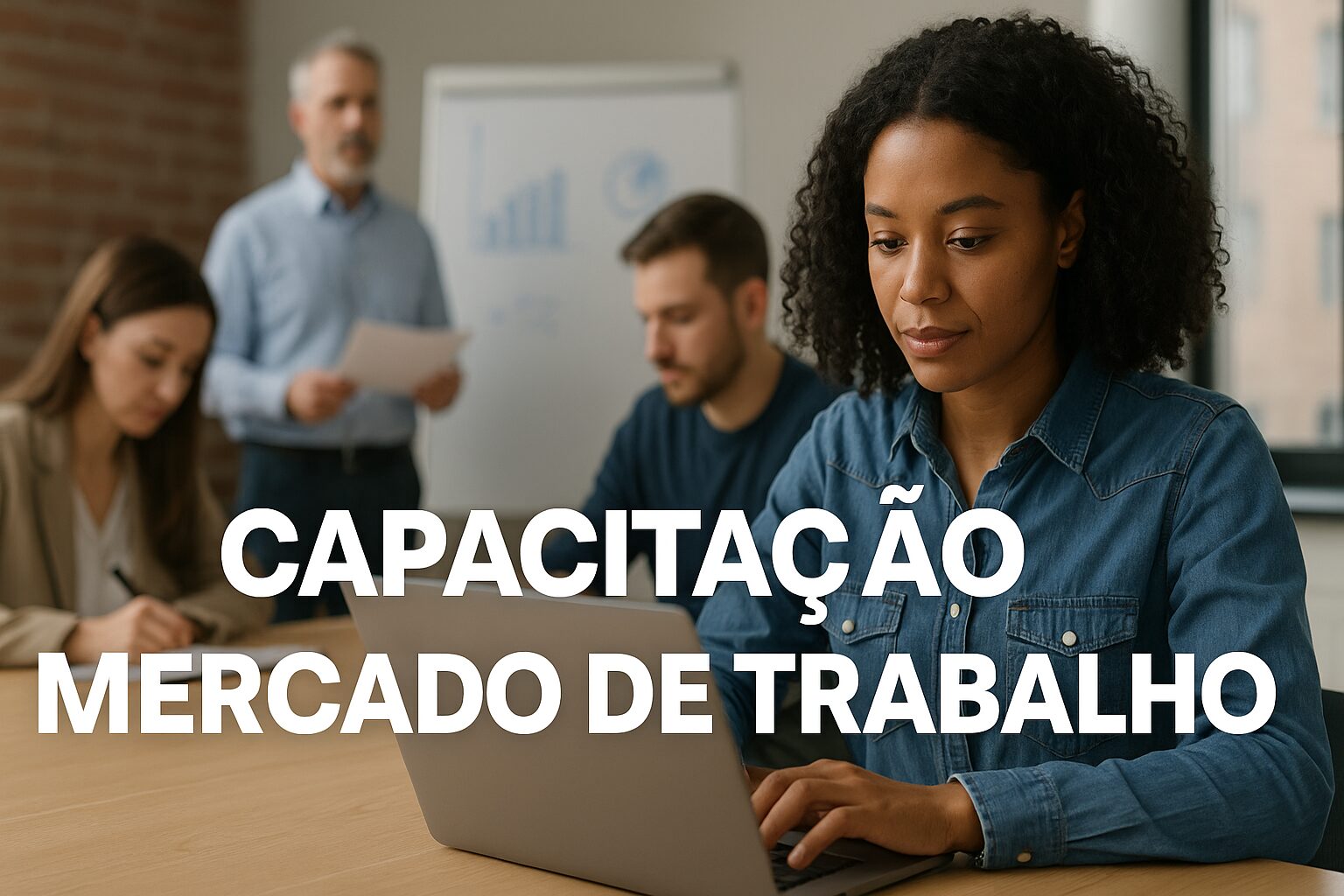 Grupo diverso de profissionais estudando e discutindo estratégias de capacitação para o mercado de trabalho em um ambiente moderno.