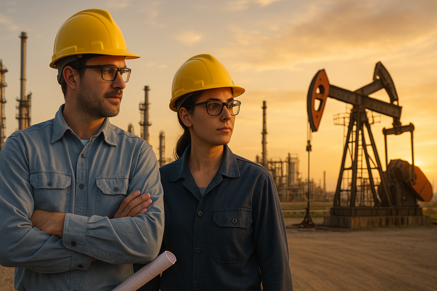 Engenheiros do setor de petróleo e gás em frente a uma refinaria ao pôr do sol.