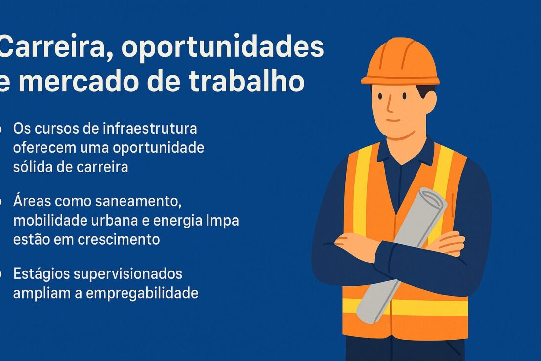 Infográfico con fondo azul presentando un profesional de la construcción sosteniendo un proyecto, al lado de tres tópicos sobre oportunidades de carrera en infraestructura.