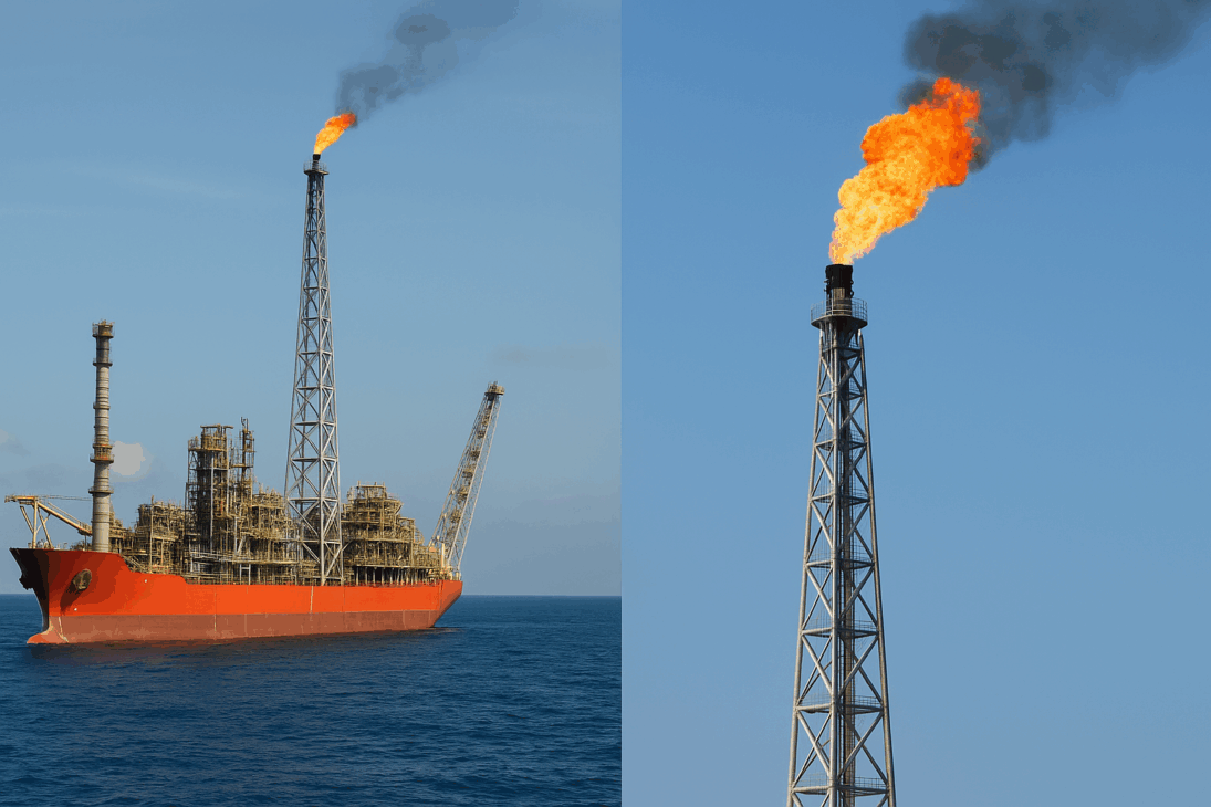 Imagen de un FPSO con torre de flare quemando y detalle ampliado de la quema