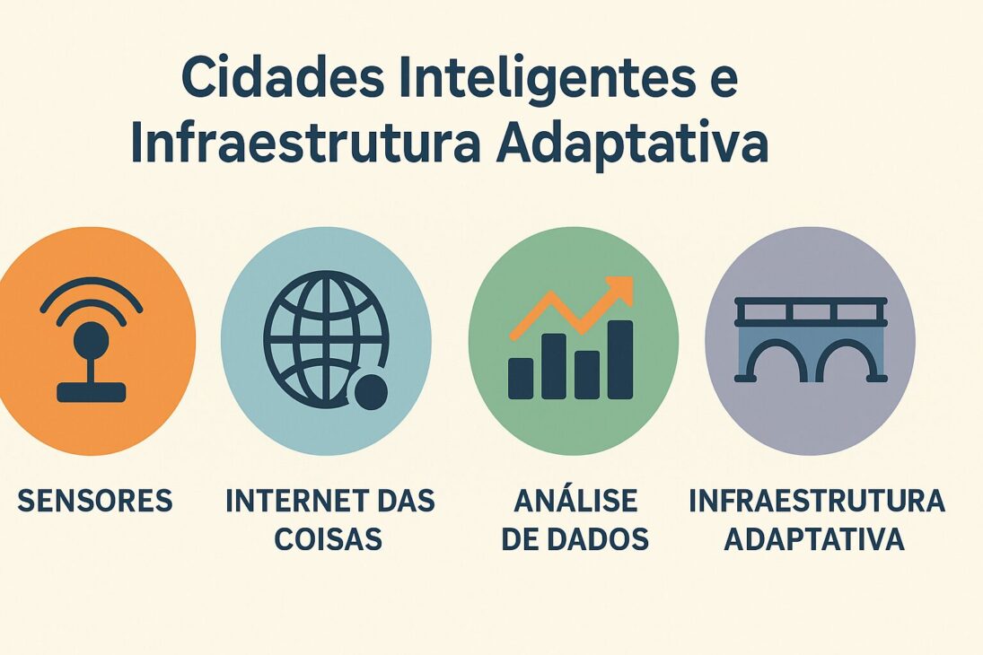 Infografía ilustrando los pilares de las ciudades inteligentes: sensores, Internet de las Cosas, análisis de datos e infraestructura adaptativa.