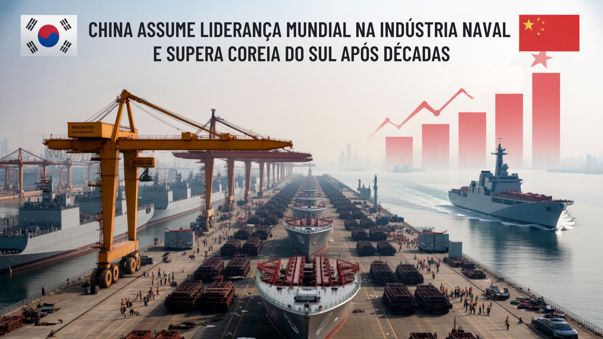 Com 1.700 navios por ano, China toma a liderança global da indústria naval e deixa a Coreia do Sul para trás após décadas de domínio