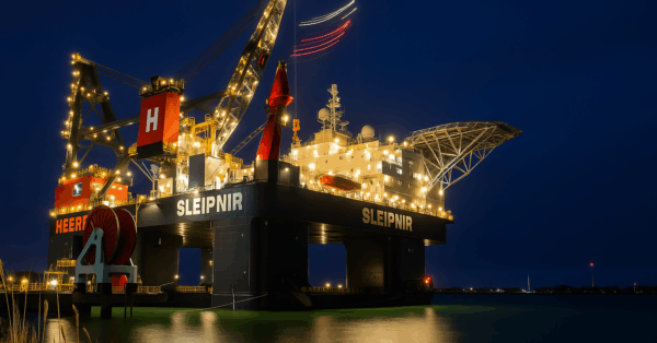 Com braços de 40 metros e força de 1.500 homens, este guindaste colosso é usado para erguer peças gigantes na construção de navios de guerra e megaestruturas offshore