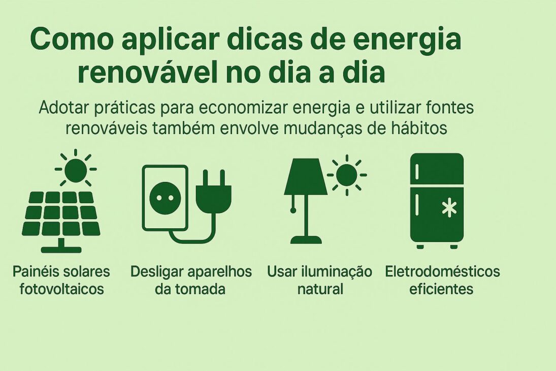 Infográfico con cuatro consejos de cómo aplicar energía renovable en el día a día, incluyendo el uso de paneles solares, desconectar equipos de la toma, aprovechar la iluminación natural y utilizar electrodomésticos eficientes.