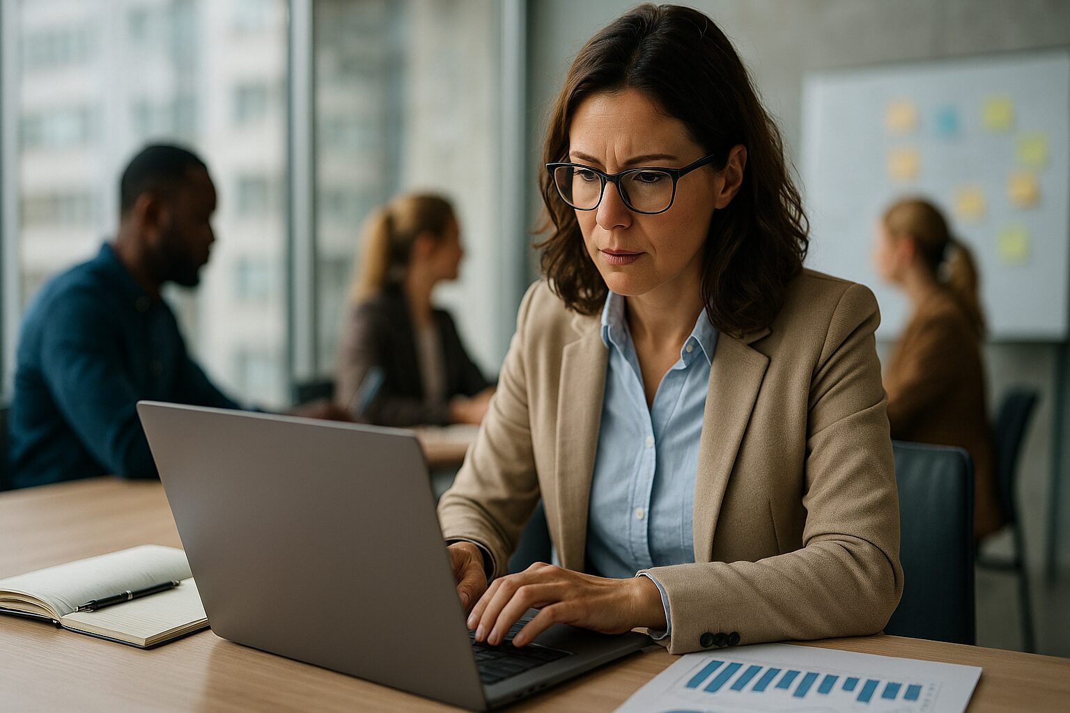 Mulher jovem em um escritório moderno utilizando tecnologias digitais, representando inovação no mercado de trabalho.