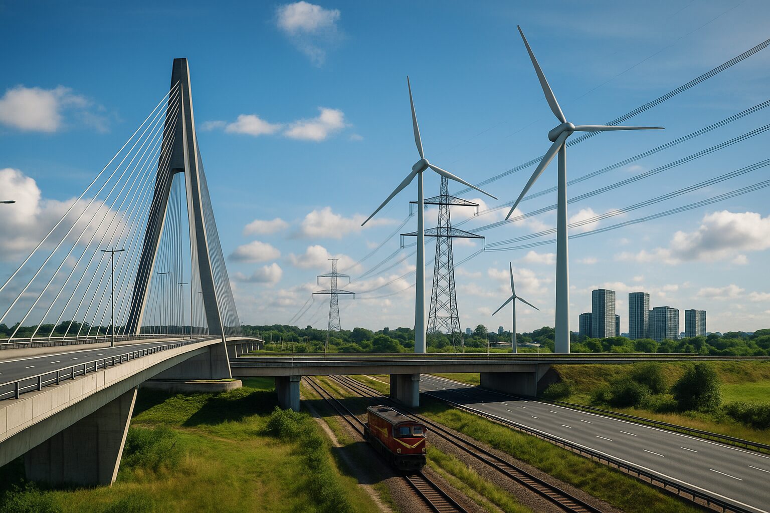Estrutura moderna de infraestrutura com ponte estaiada, turbinas eólicas, torres de energia e trilhos de trem sob céu azul.