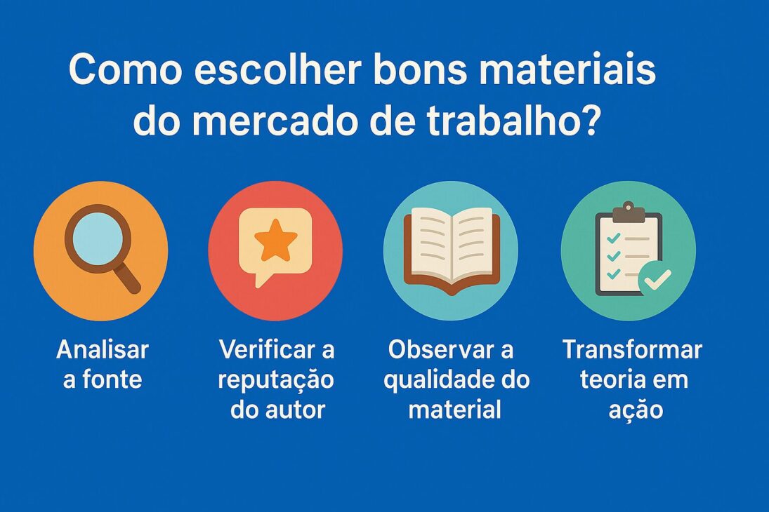 Infografía con cuatro íconos coloridos representando etapas para elegir buenos materiales del mercado laboral: analizar la fuente, verificar la reputación del autor, observar la calidad del material y transformar teoría en acción.