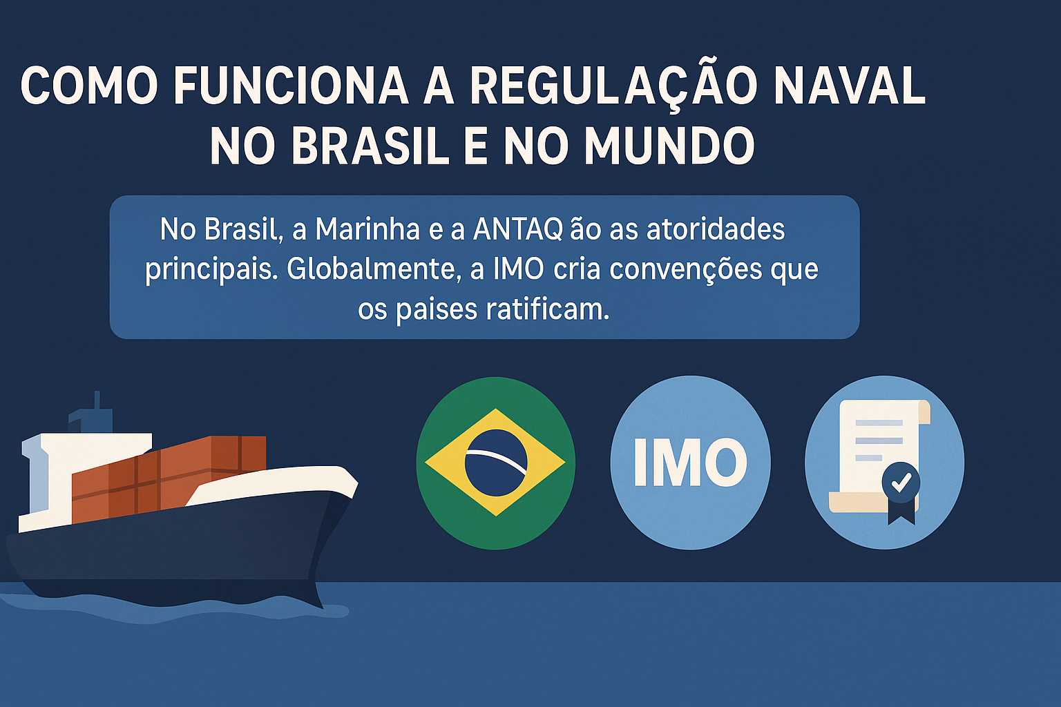 Infografía horizontal con fondo azul, presentando un barco de carga, íconos de la bandera de Brasil, de la IMO (Organización Marítima Internacional) y de un documento con sello de aprobación. El texto central informa que en Brasil la Marina y la ANTAQ son las principales autoridades, mientras que globalmente la IMO define convenciones ratificadas por los países.