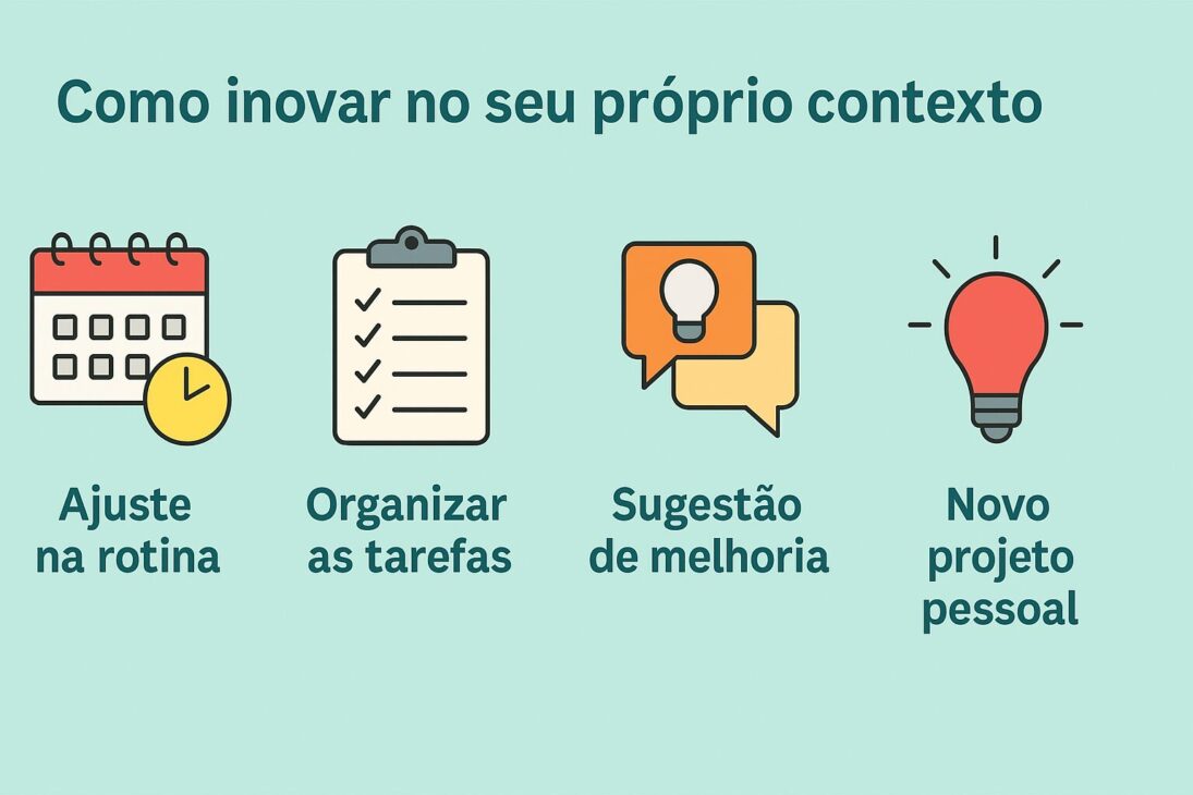 Infográfico com ícones e frases sobre formas práticas de inovar no próprio ambiente de trabalho, incluindo ajustes na rotina, organização de tarefas, sugestões de melhoria e novos projetos pessoais.