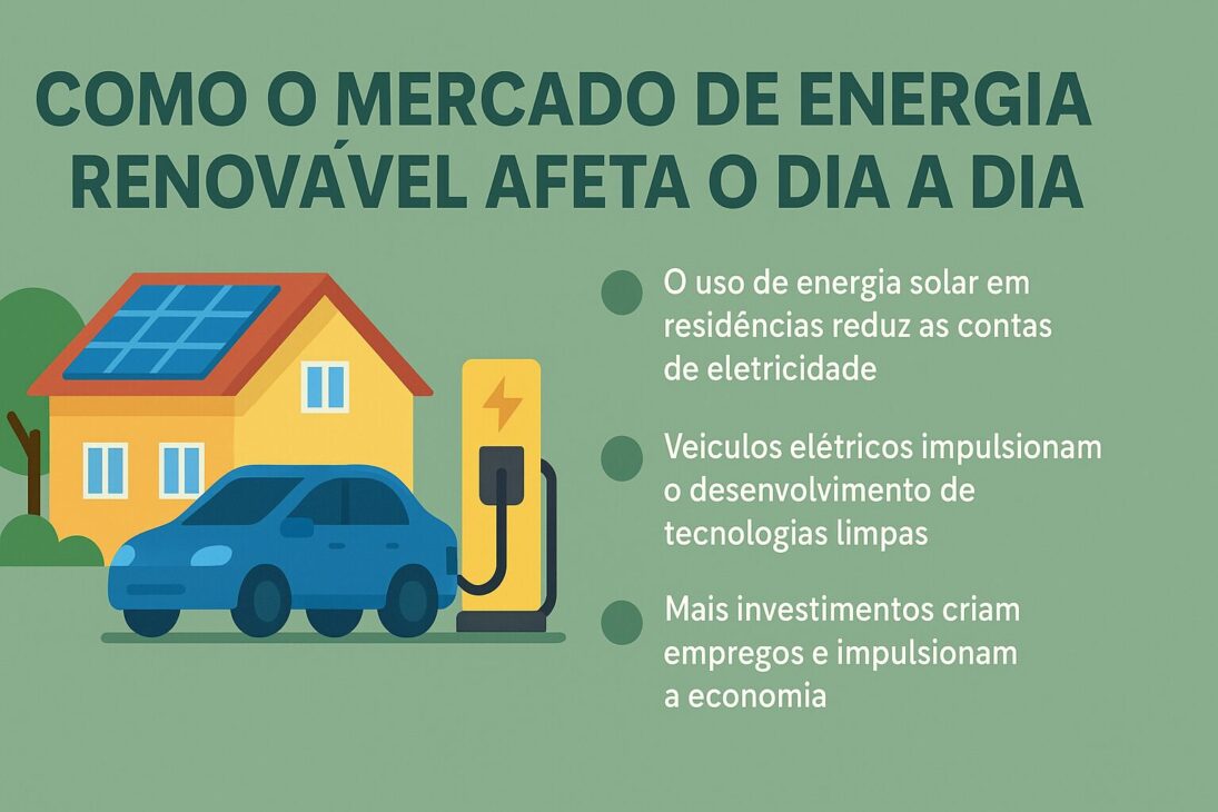 Infográfico ilustrando los impactos del mercado de energía renovable en la vida cotidiana, con una casa equipada con paneles solares, un coche eléctrico conectado a un cargador, y tres temas explicativos al lado.