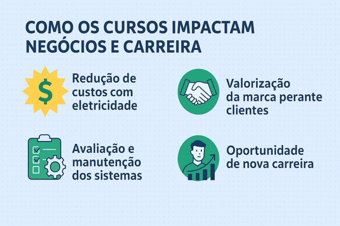 Infográfico en portugués mostrando cómo los cursos de energía renovable impactan negocios y carreras, con íconos y secciones sobre reducción de costos, valorización de la marca, oportunidades de empleo y autonomía técnica.
